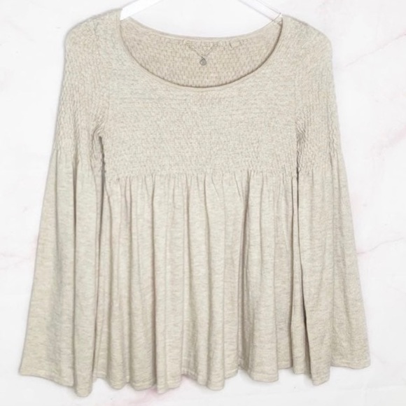 Anthro Knitted & Knotted Oatmeal Wool Blend Balloon Sleeve Babydoll Sweater Top - Picture 7 of 13